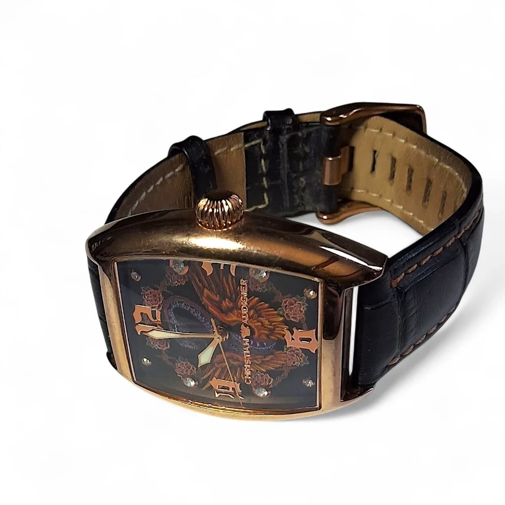 Christian Audigier Watch INC-310 Rose Gold Tattoo Dial Black Leather Band